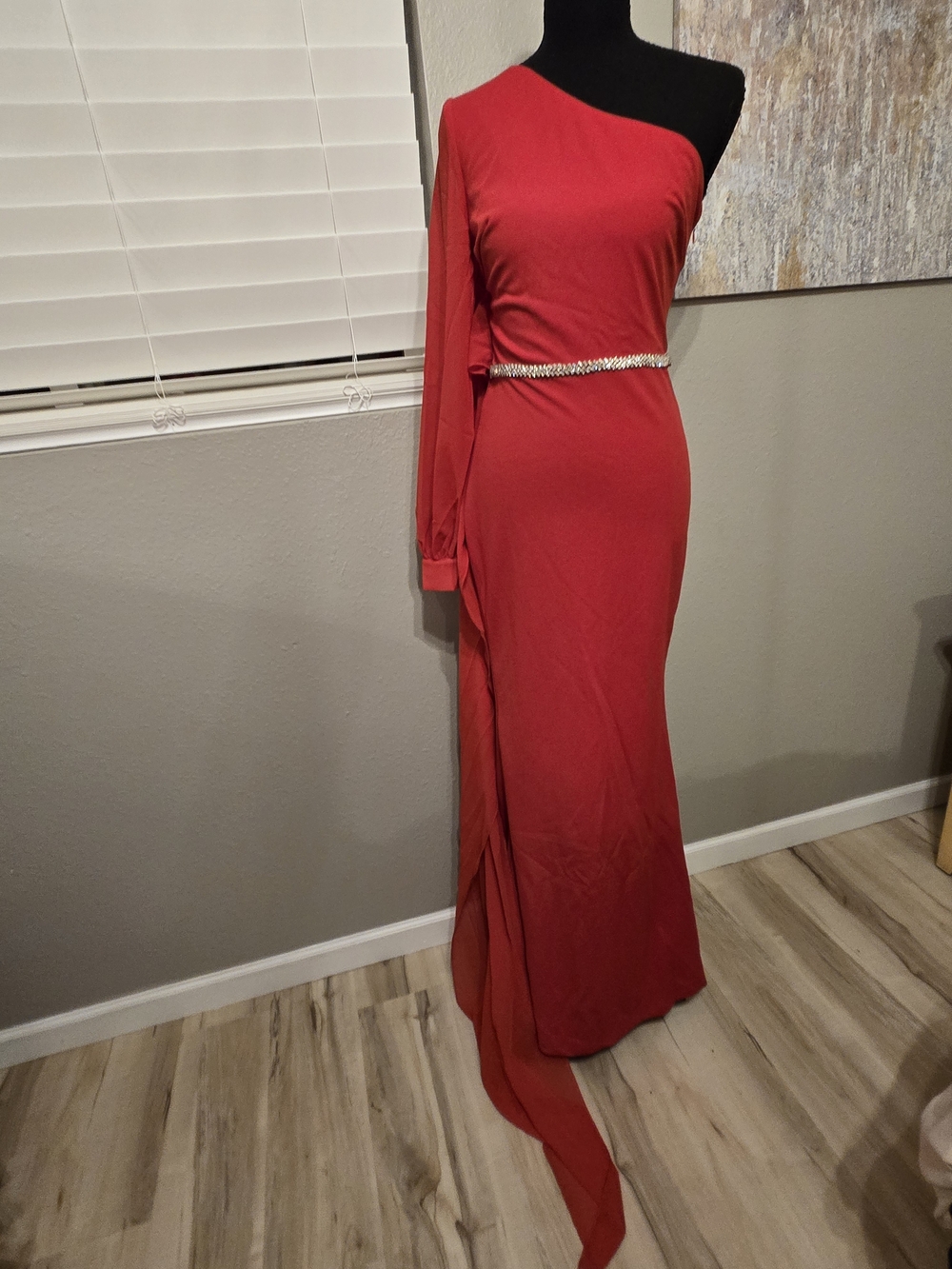 NWOT Red One-Shoulder Evening Gown with Draped Sleeve, Perfect For Prom